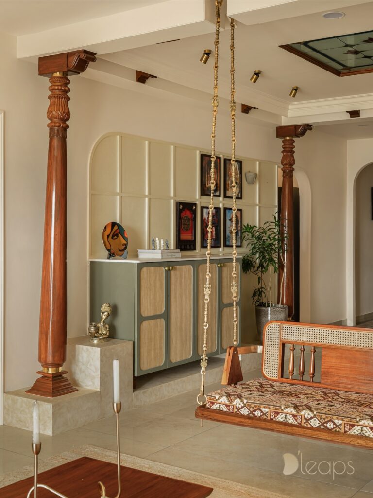 Wall-folding Murphy bed in a guest bedroom with teak frame